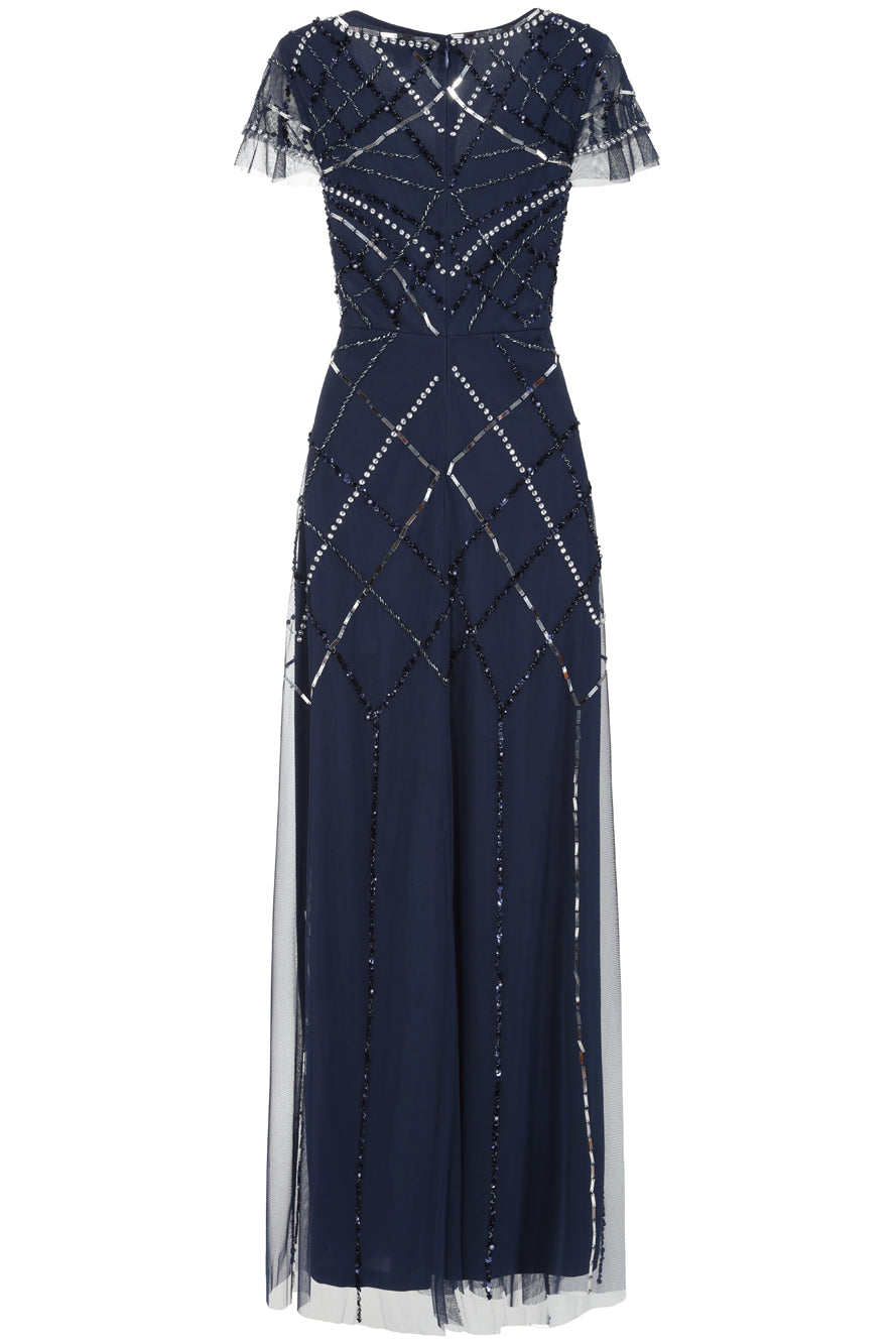 Catherine Navy Embellished Maxi Dress with art deco beaded detail, sheer flutter sleeves and V neckline, full length navy beaded dress for weddings and formal occasions.