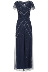 Catherine Navy Embellished Maxi Dress with art deco beaded detail, sheer flutter sleeves and V neckline, full length navy beaded dress for weddings and formal occasions.