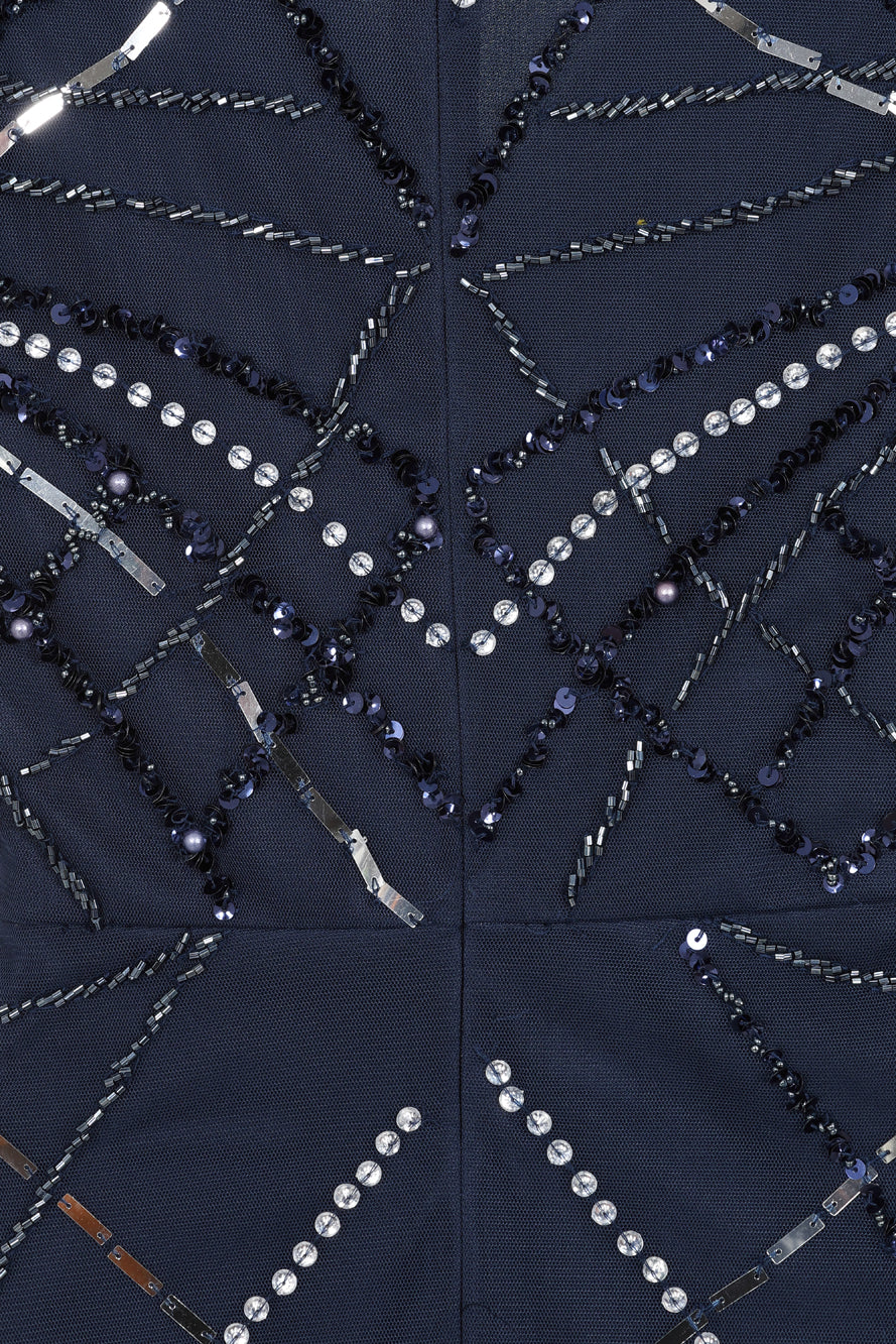 Catherine Navy Embellished Maxi Dress with art deco beaded detail, sheer flutter sleeves and V neckline, full length navy beaded dress for weddings and formal occasions.