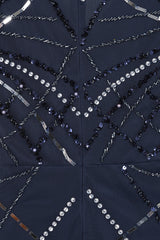 Catherine Navy Embellished Maxi Dress with art deco beaded detail, sheer flutter sleeves and V neckline, full length navy beaded dress for weddings and formal occasions.