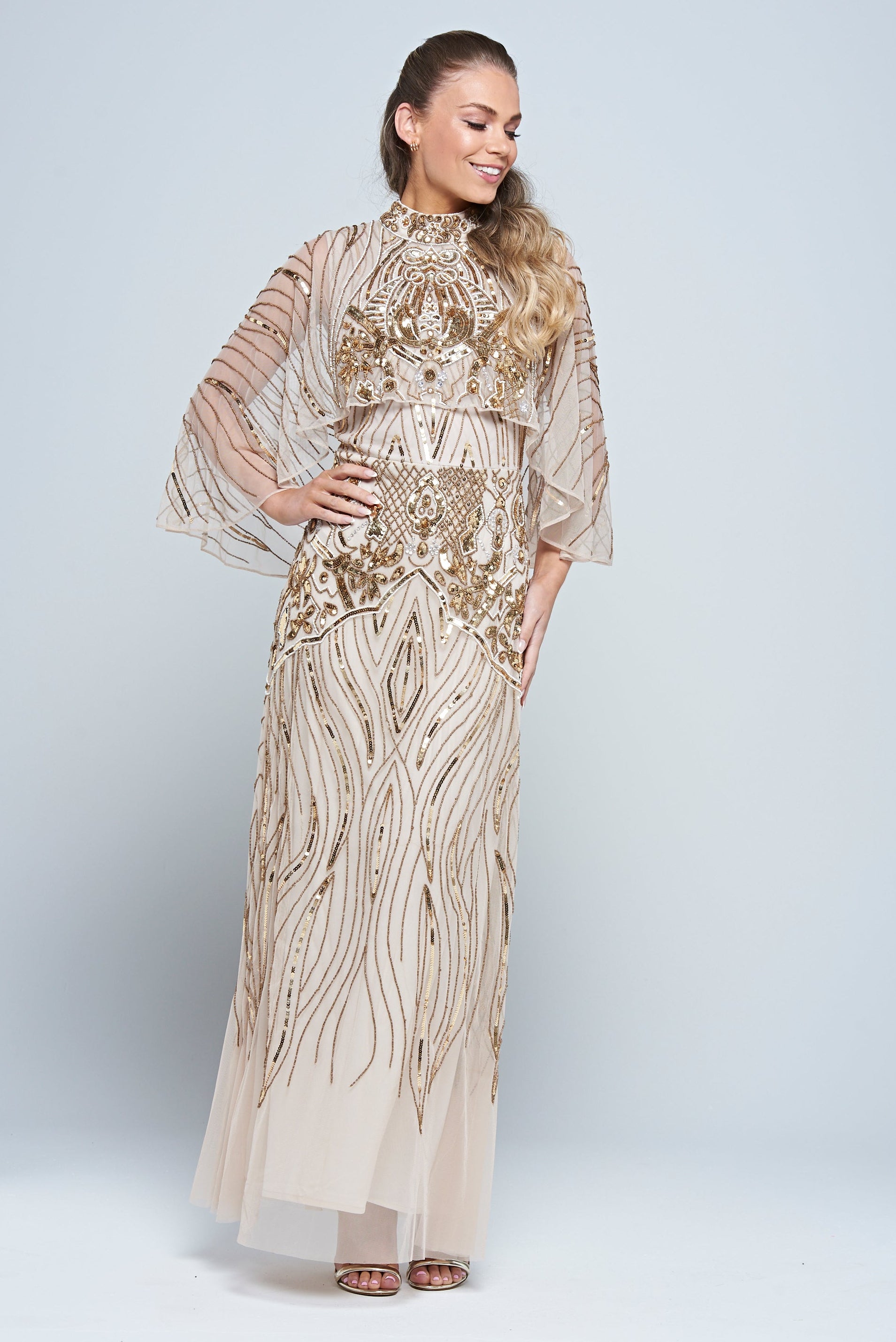 Celestine Embellished Maxi Dress with Cape Detail Frock and Frill Celestine Embellished Maxi Dress with Cape Detail Frock and Frill