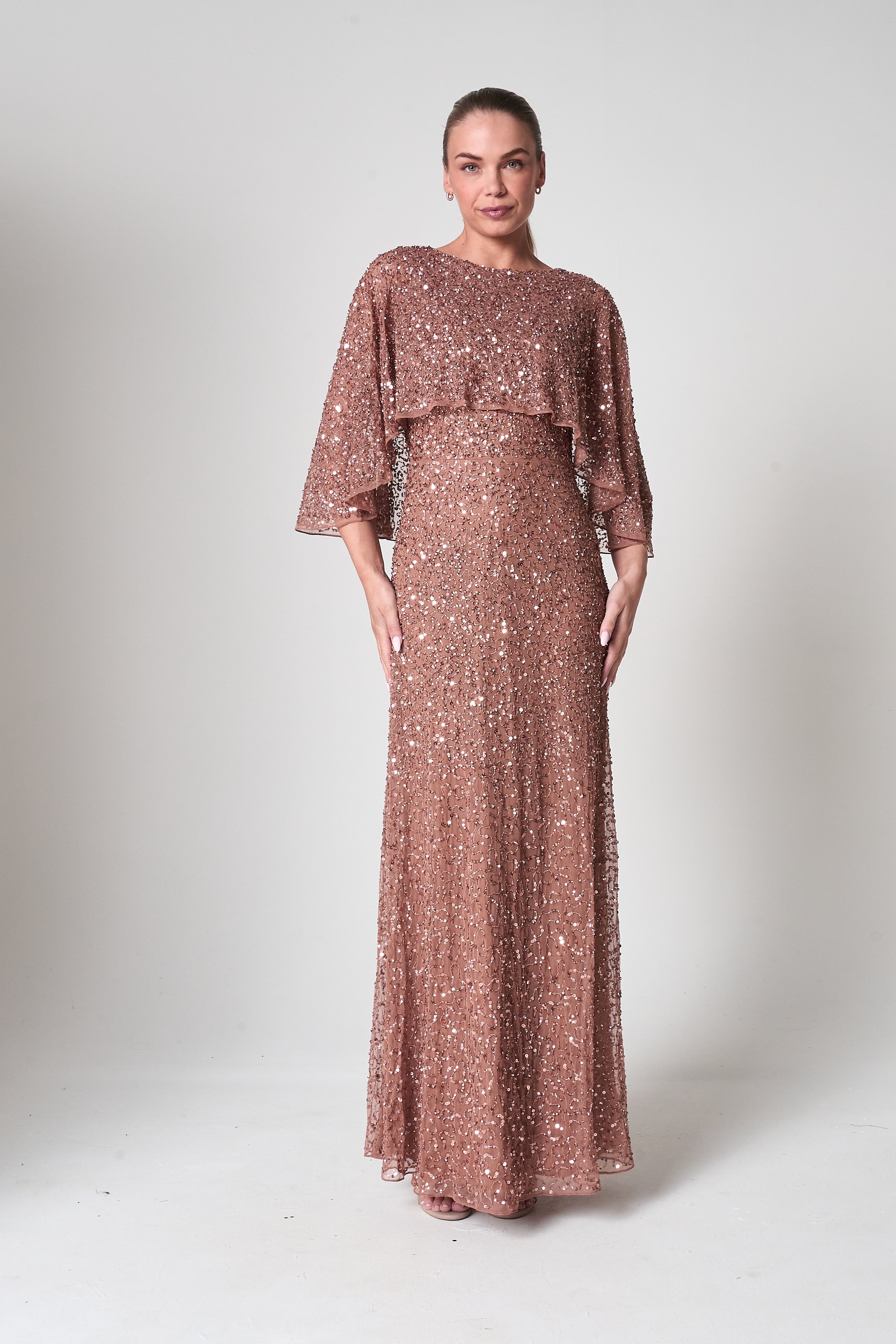 Charlotte Rose Gold Sequin Maxi Dress with Cape Detail Frock and Frill Charlotte Rose Gold Sequin Maxi Dress with Cape Detail Frock and Frill