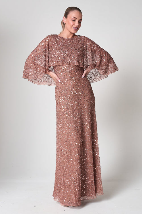 rose gold long sleeve sequin dress Charlotte Maxi with Cape Detail – Frock and Frill color-code:BRTW Color:Jet Chic A-line Spaghetti Straps Alamour styling tip