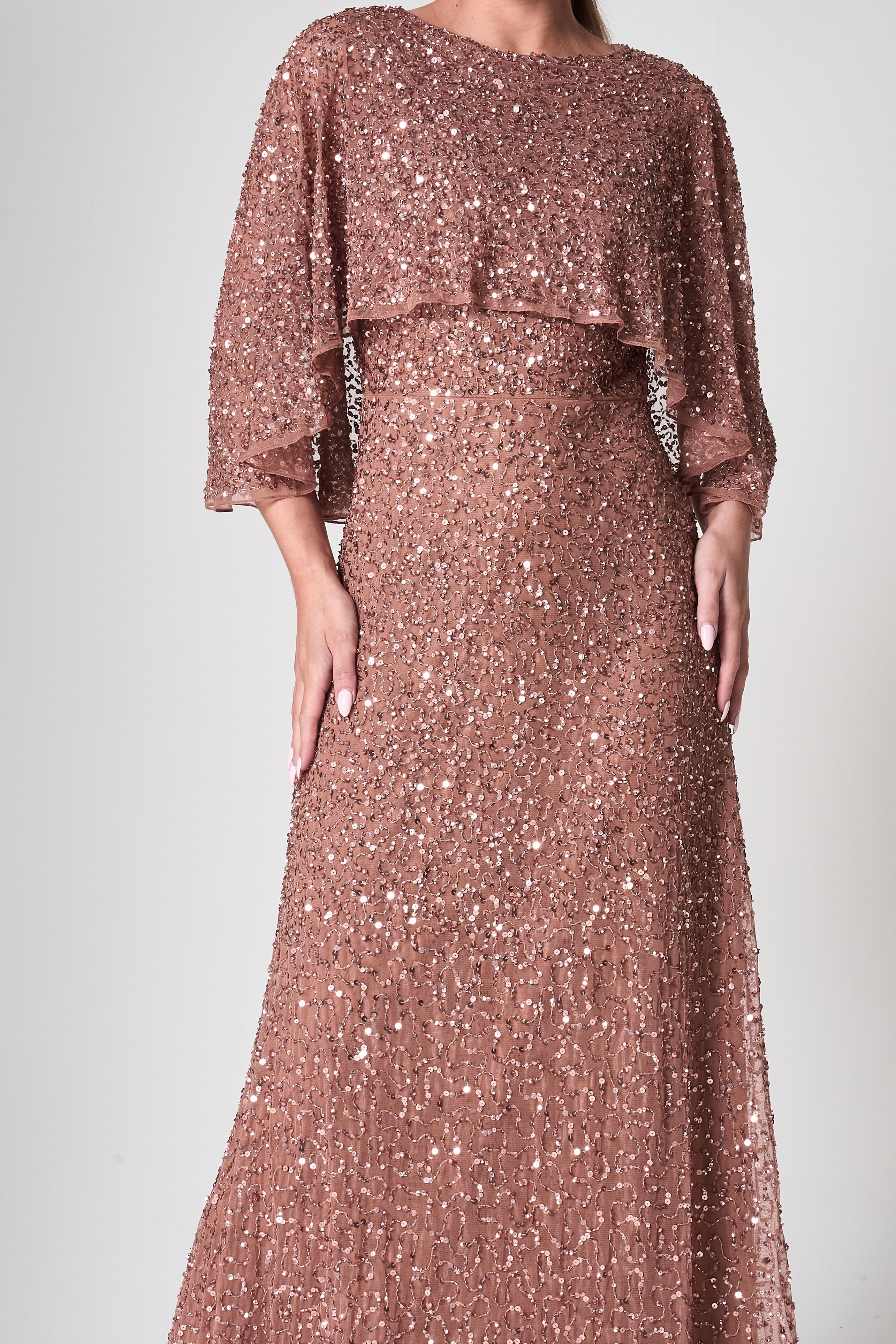 Charlotte Rose Gold Sequin Maxi Dress with Cape Detail Frock and Frill Charlotte Rose Gold Sequin Maxi Dress with Cape Detail Frock and Frill