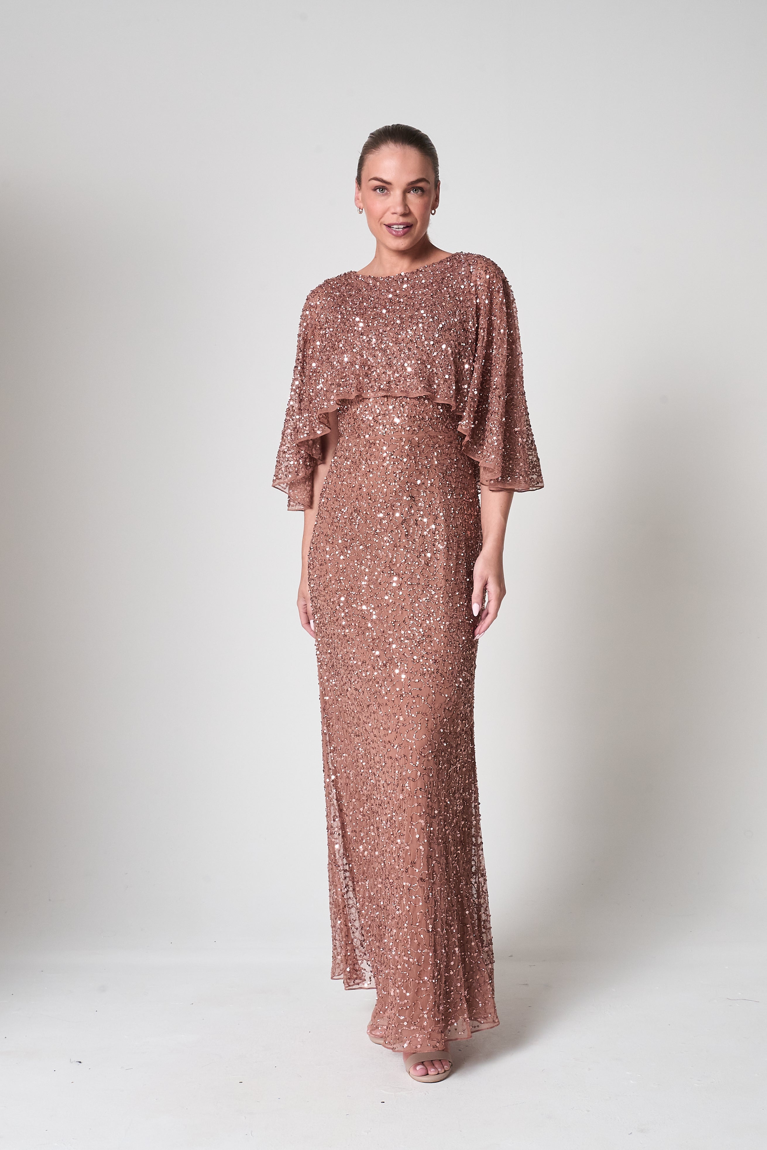 Charlotte Rose Gold Sequin Maxi Dress with Cape Detail Frock and Frill Charlotte Rose Gold Sequin Maxi Dress with Cape Detail Frock and Frill