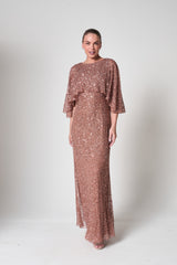 Charlotte Rose Gold Sequin Maxi Dress with Cape Detail