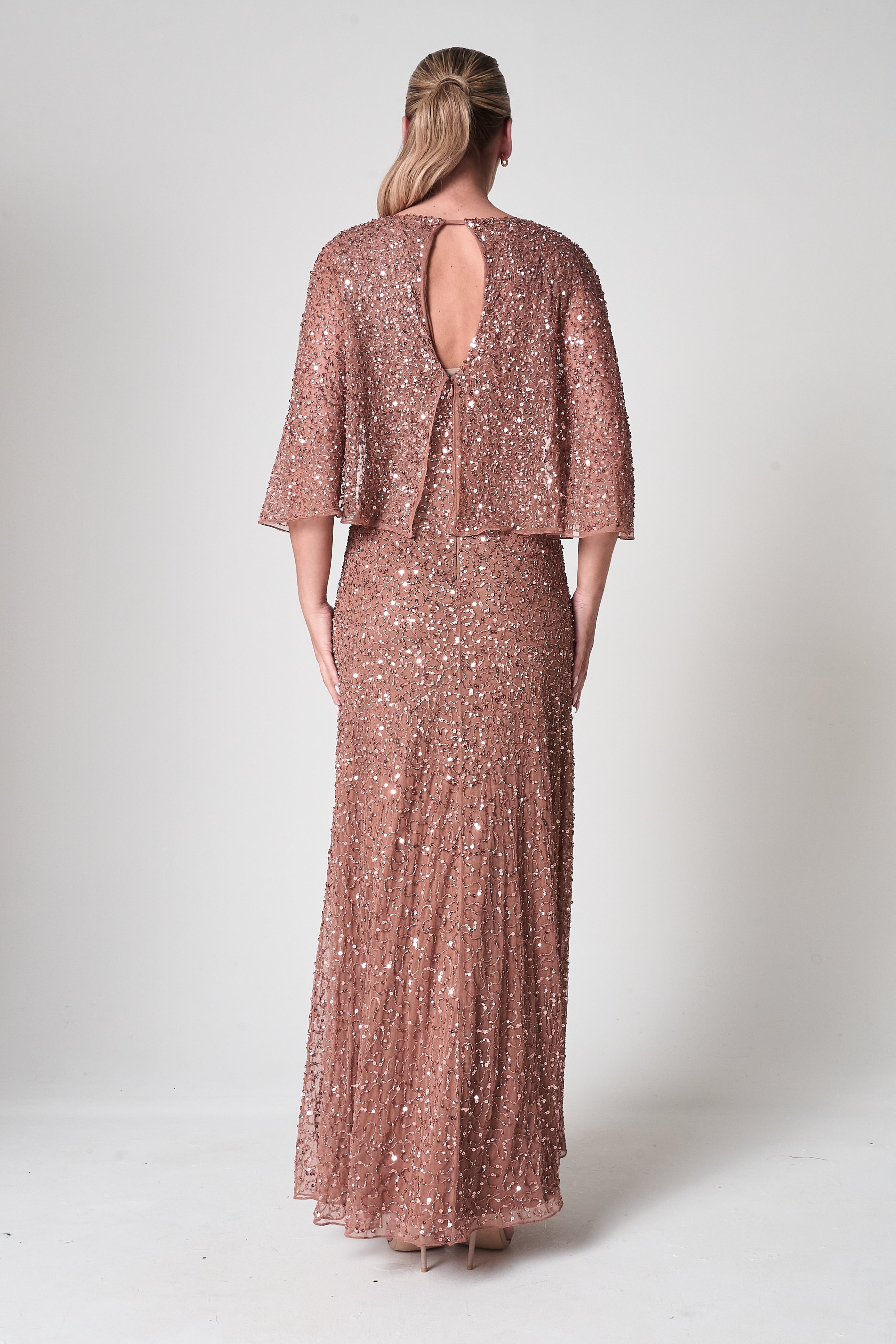 Charlotte Rose Gold Sequin Maxi Dress with Cape Detail Frock and Frill Charlotte Rose Gold Sequin Maxi Dress with Cape Detail Frock and Frill