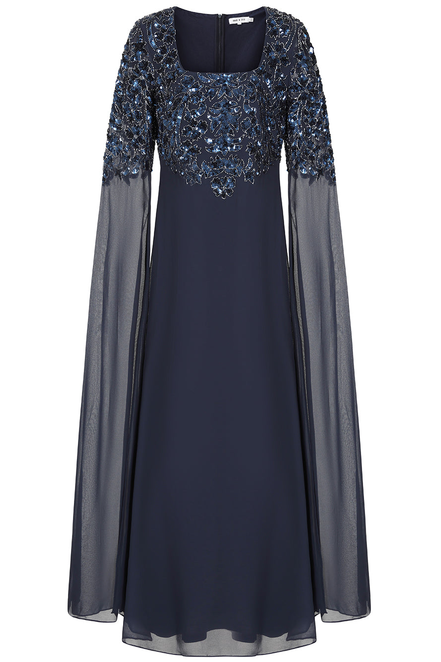 Cherith Navy Embellished Cape Sleeve Maxi Dress – Frock and Frill