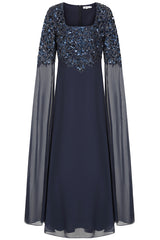 Cherith Navy Embellished Cape Sleeve Maxi Dress 