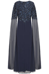 Cherith Navy Embellished Cape Sleeve Maxi Dress 