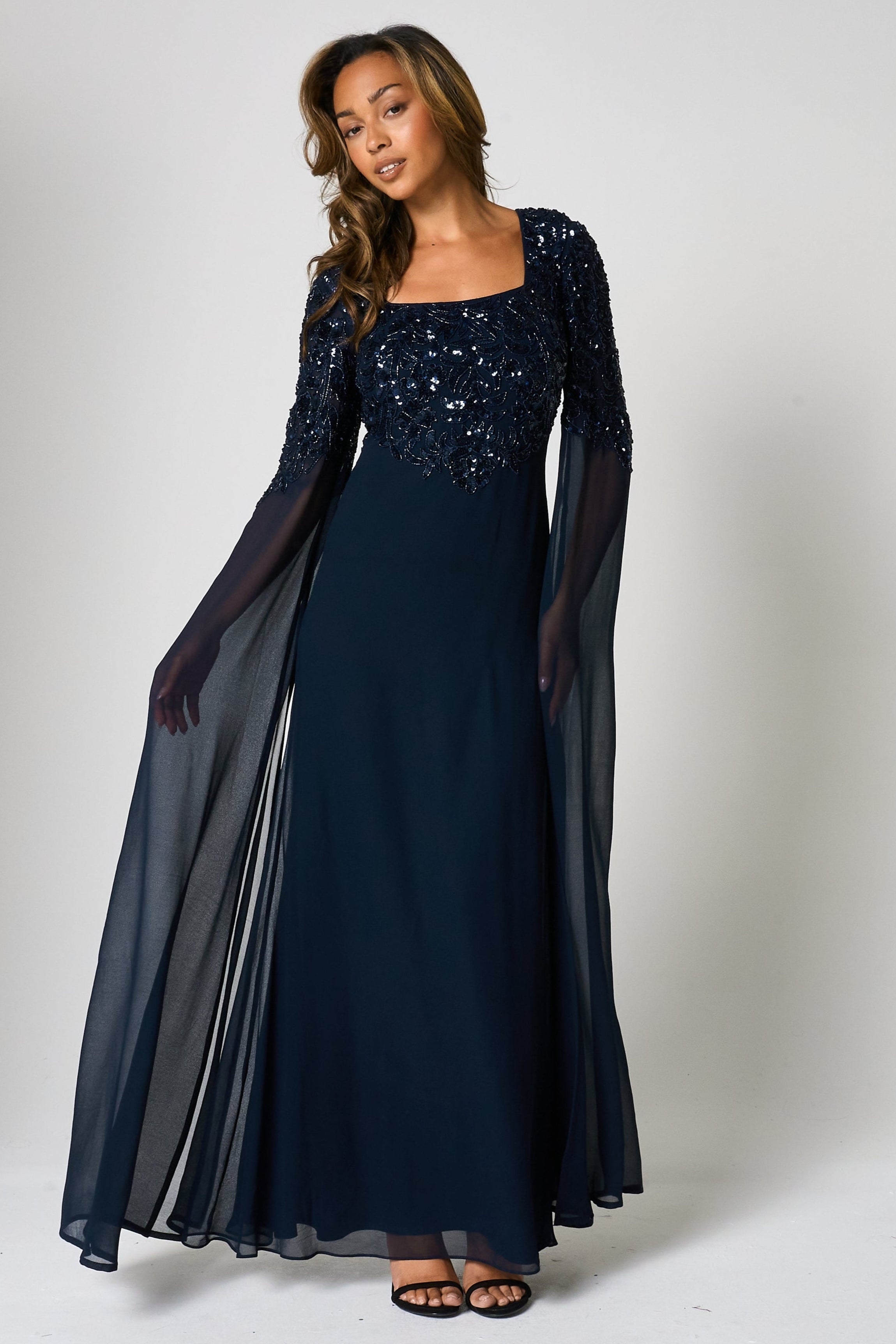 Cherith Navy Embellished Cape Sleeve Maxi Dress – Frock and Frill
