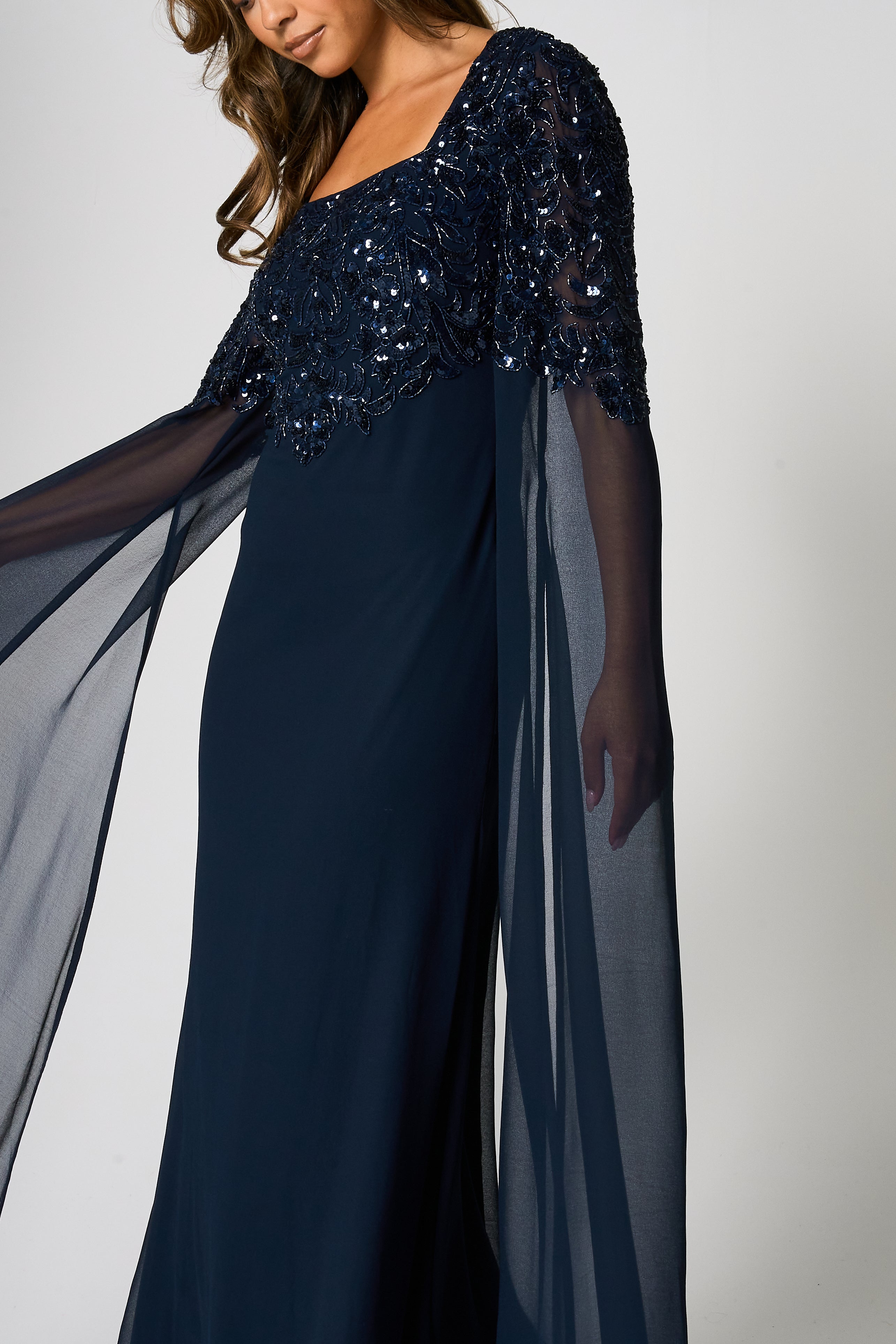 Cherith Navy Embellished Cape Sleeve Maxi Dress – Frock and Frill
