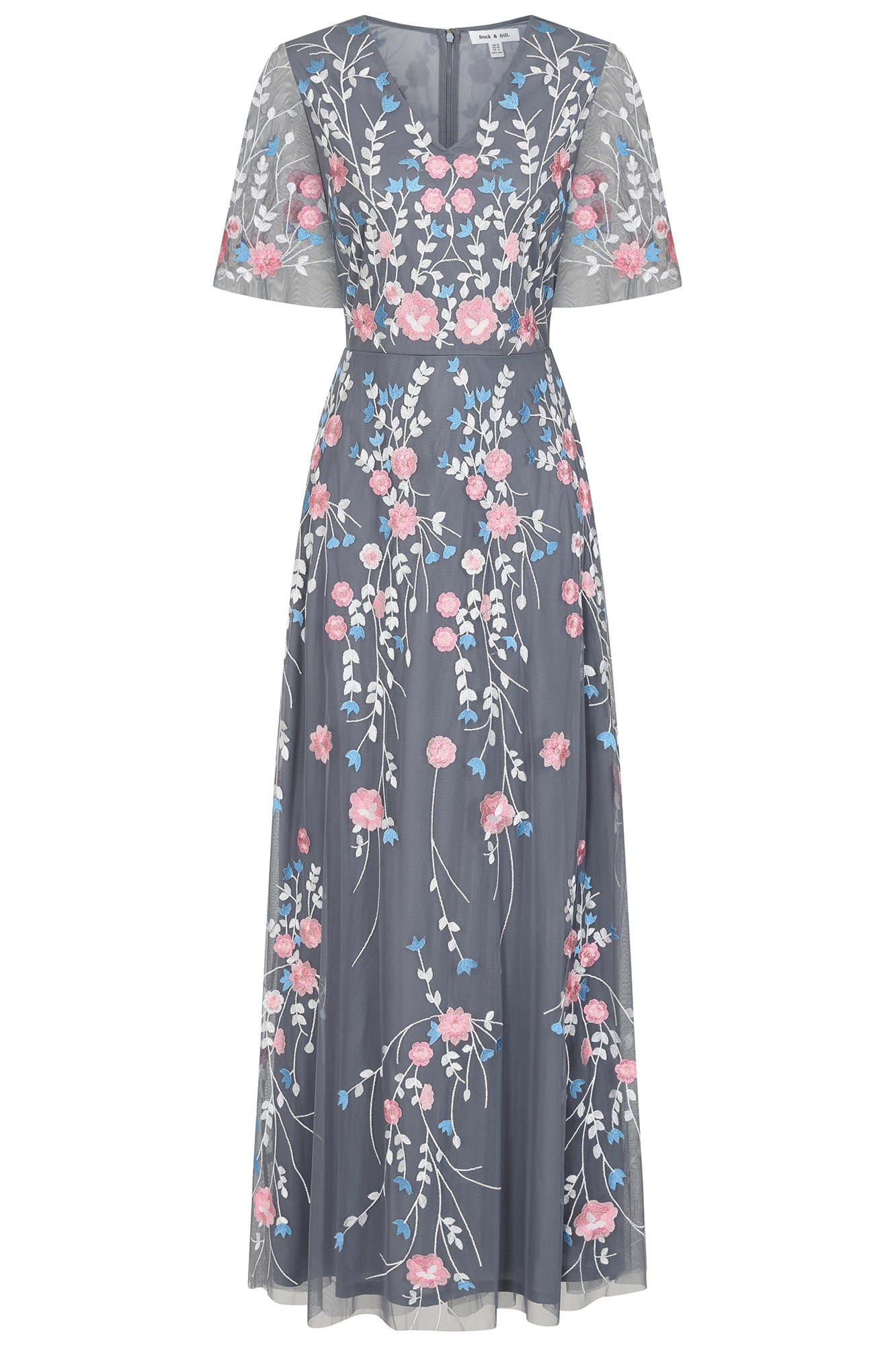 Crisanta Charcoal Floral Embroidered Maxi Dress