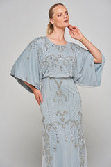 Christine Embellished Maxi Dress with Batwing Sleeves - Light Grey