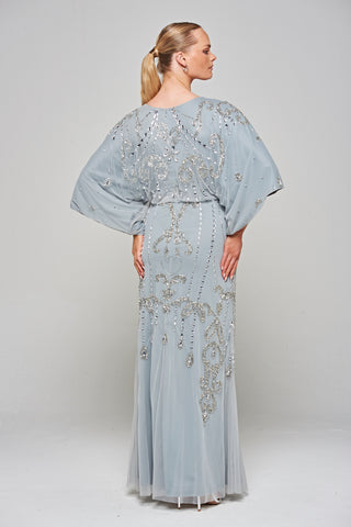 16957 Light Grey Silvery Draped Batwing Sleeve Dress