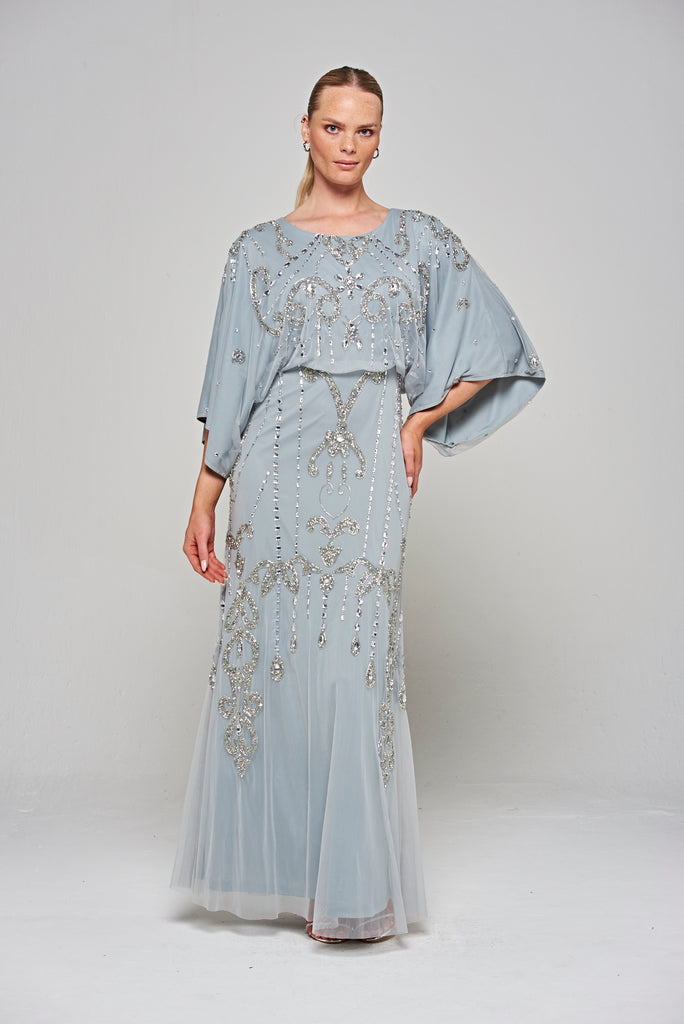 Christine Embellished Maxi Dress with Batwing Sleeves - Light Grey