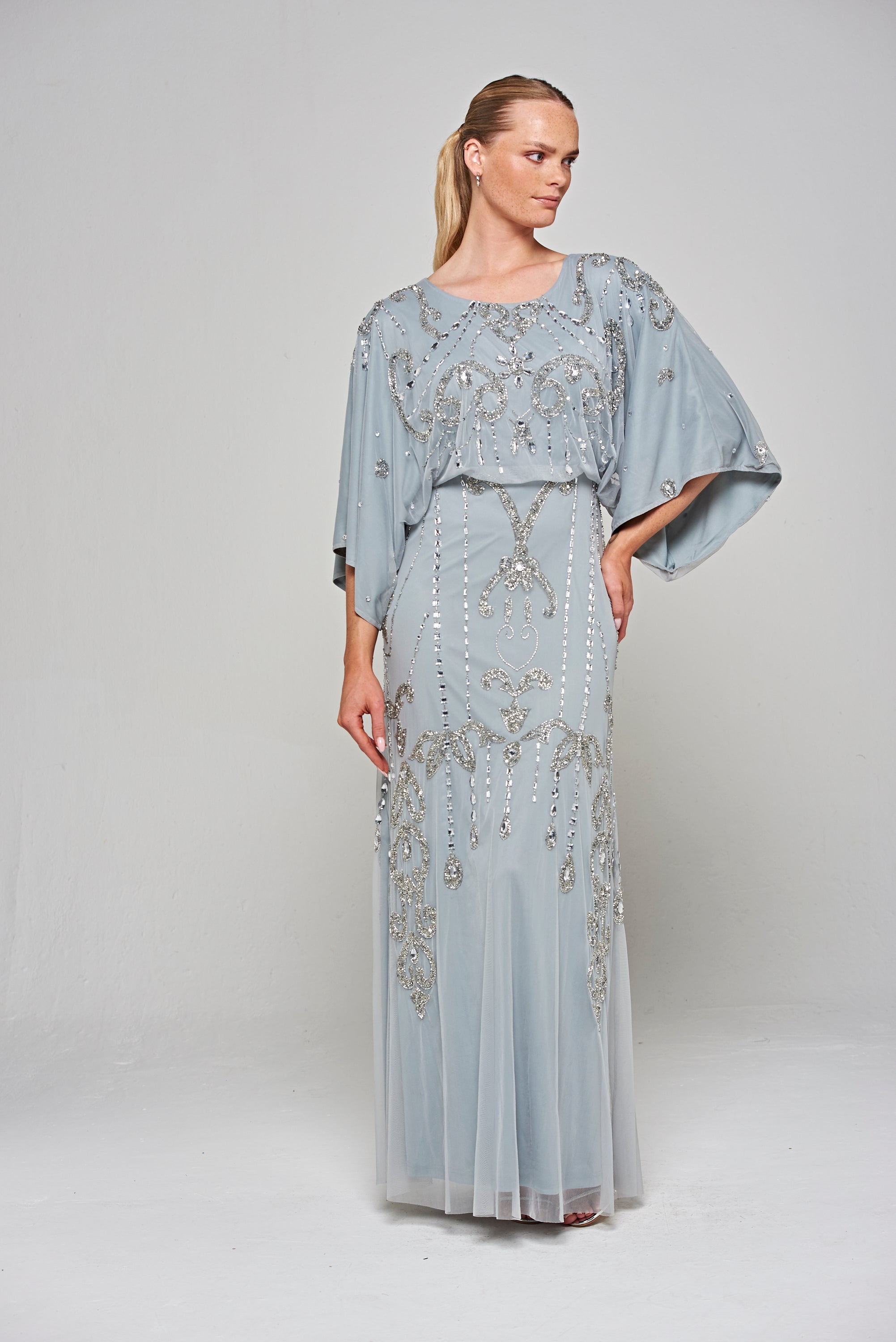 Christine Embellished Maxi Dress with Batwing Sleeves - Light Grey