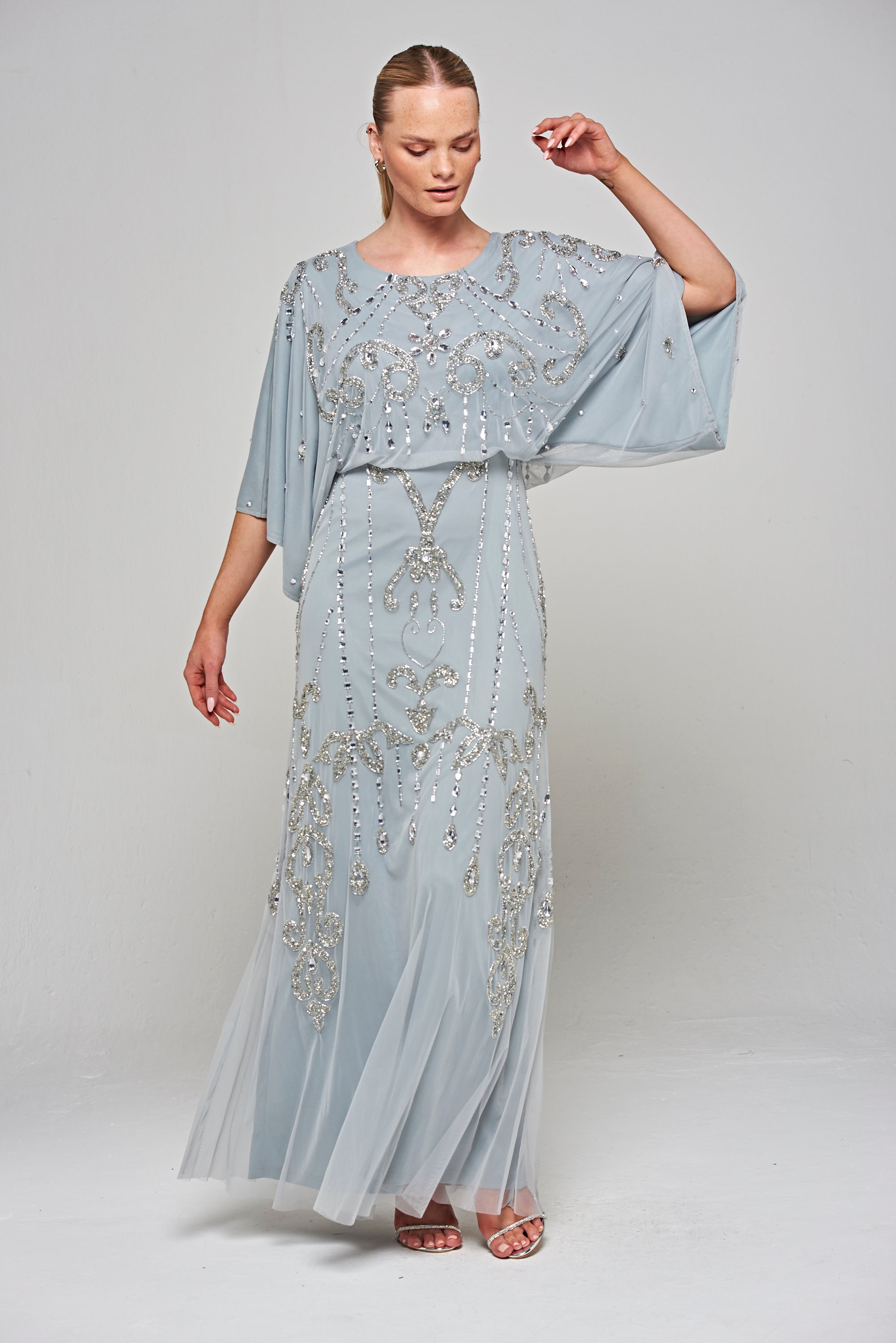 Christine Embellished Maxi Dress with Batwing Sleeves - Light Grey