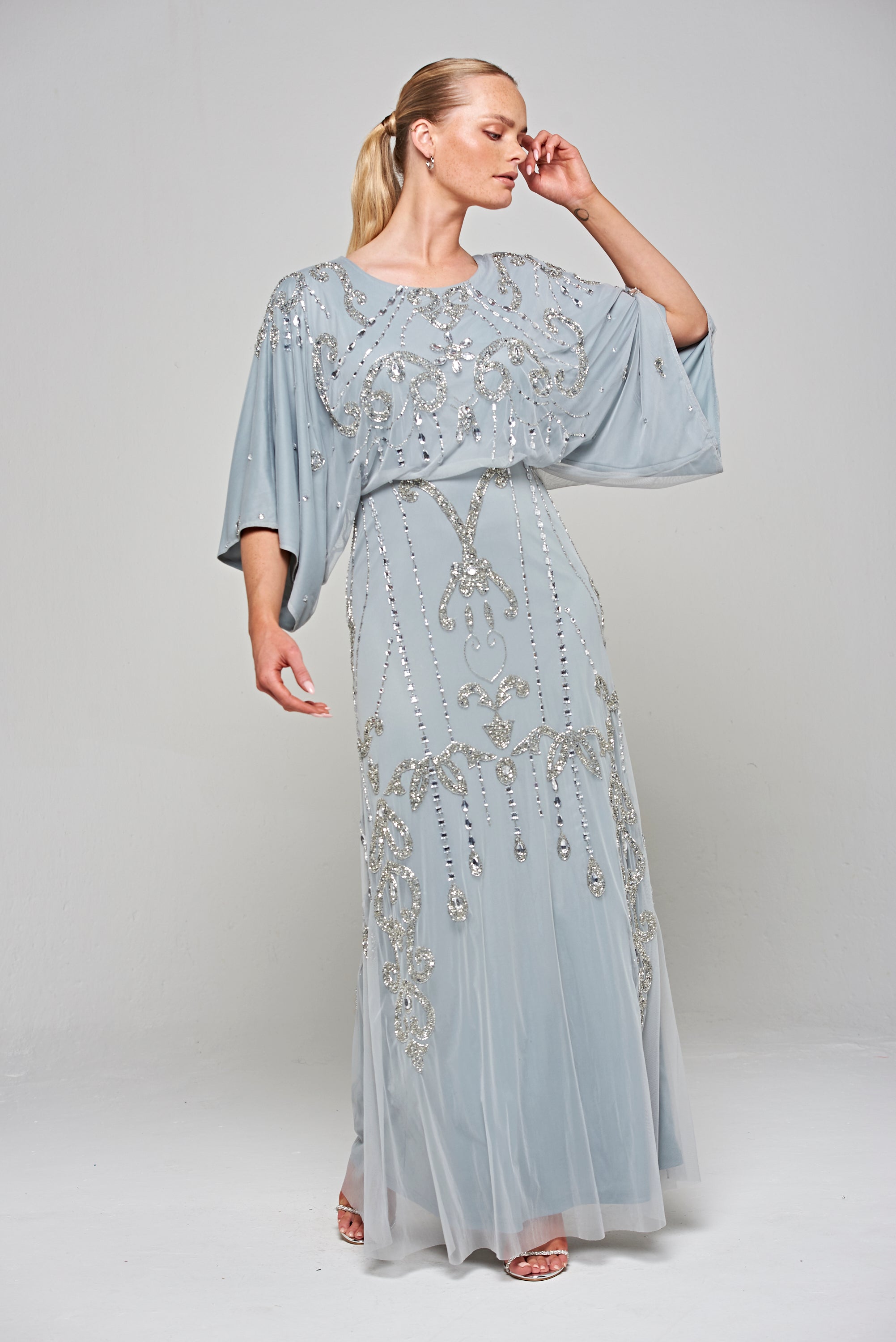 Christine Embellished Maxi Dress with Batwing Sleeves - Light Grey