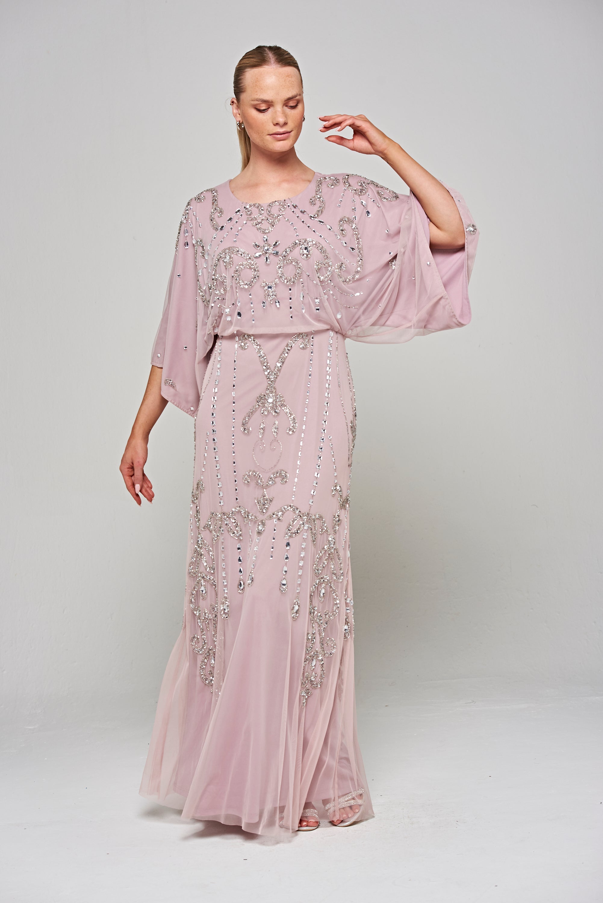 Christine Embellished Maxi Dress with Batwing Sleeves in Lilac