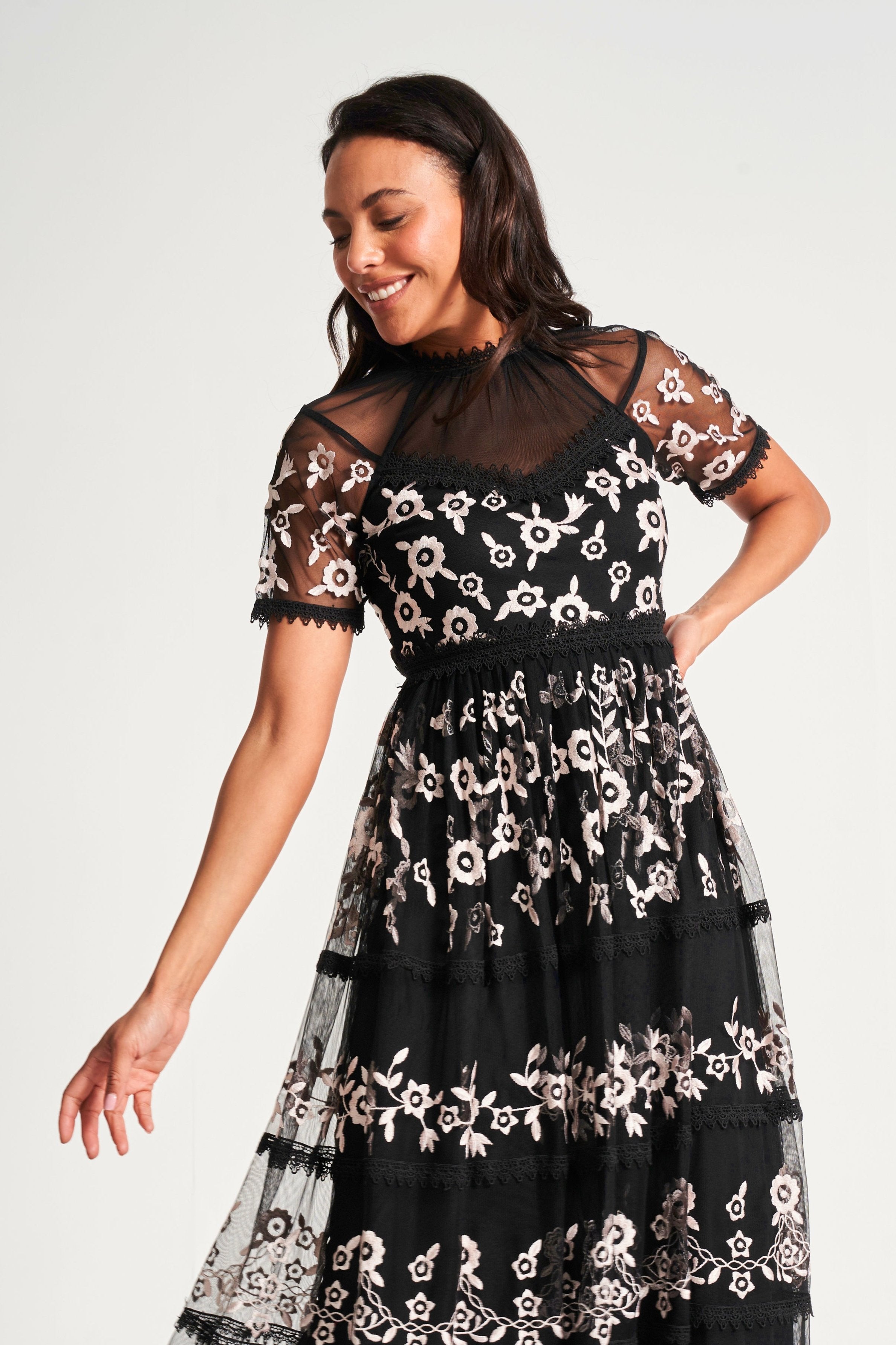 Cicely Black Floral Embroidered Midaxi Dress Frock and Frill Cicely Black Floral Embroidered Midaxi Dress Frock and Frill