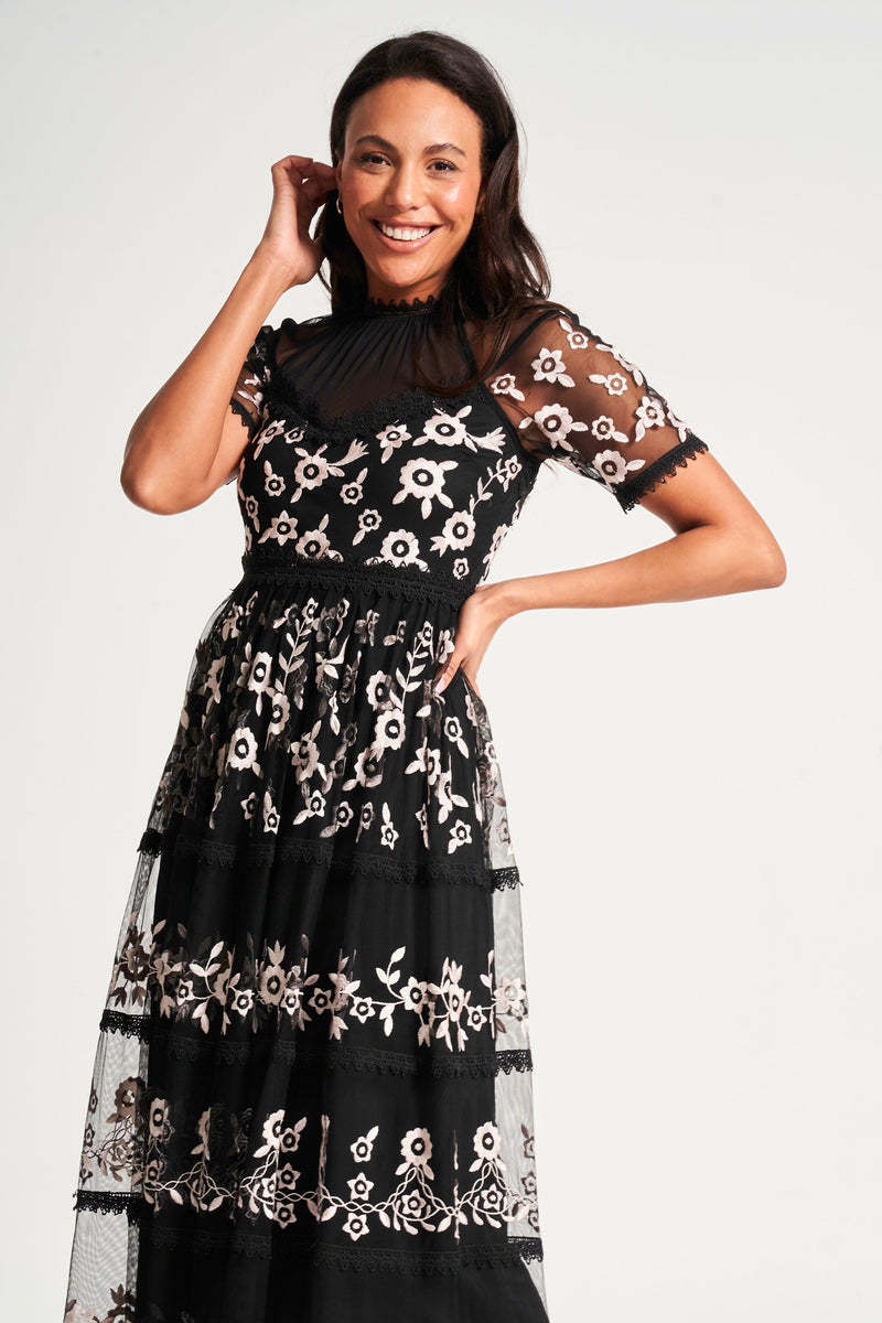 Frock and frill embroidered tulle midi skirt in black online