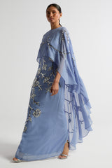 Clarissa Blue Embellished Maxi Dress with Cape Detail by Frock and Frill, floor-length cape dress for weddings and formal occasions
