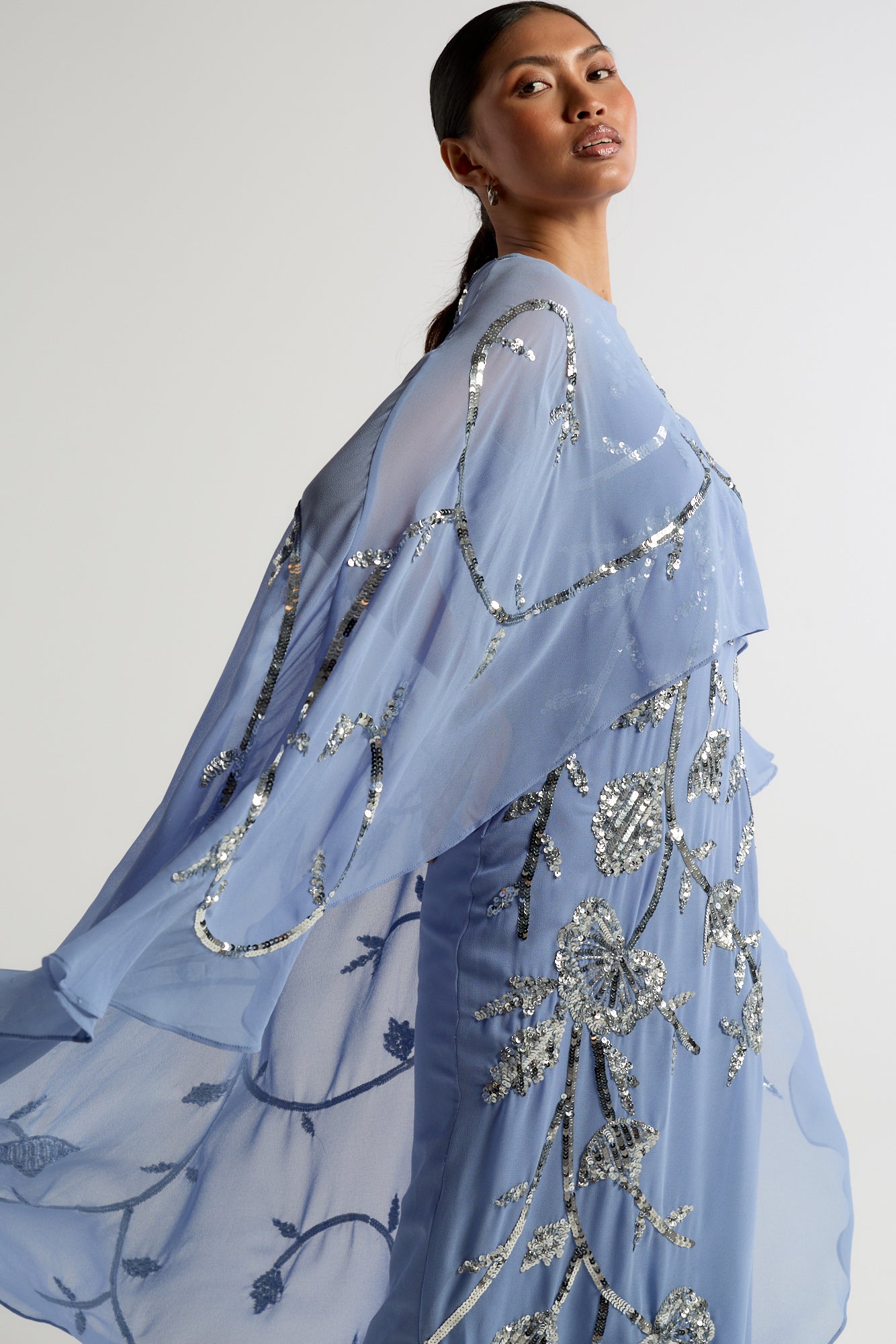 Clarissa Blue Embellished Maxi Dress with Cape Detail by Frock and Frill, floor-length cape dress for weddings and formal occasions
