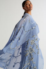 Clarissa Blue Embellished Maxi Dress with Cape Detail by Frock and Frill, floor-length cape dress for weddings and formal occasions