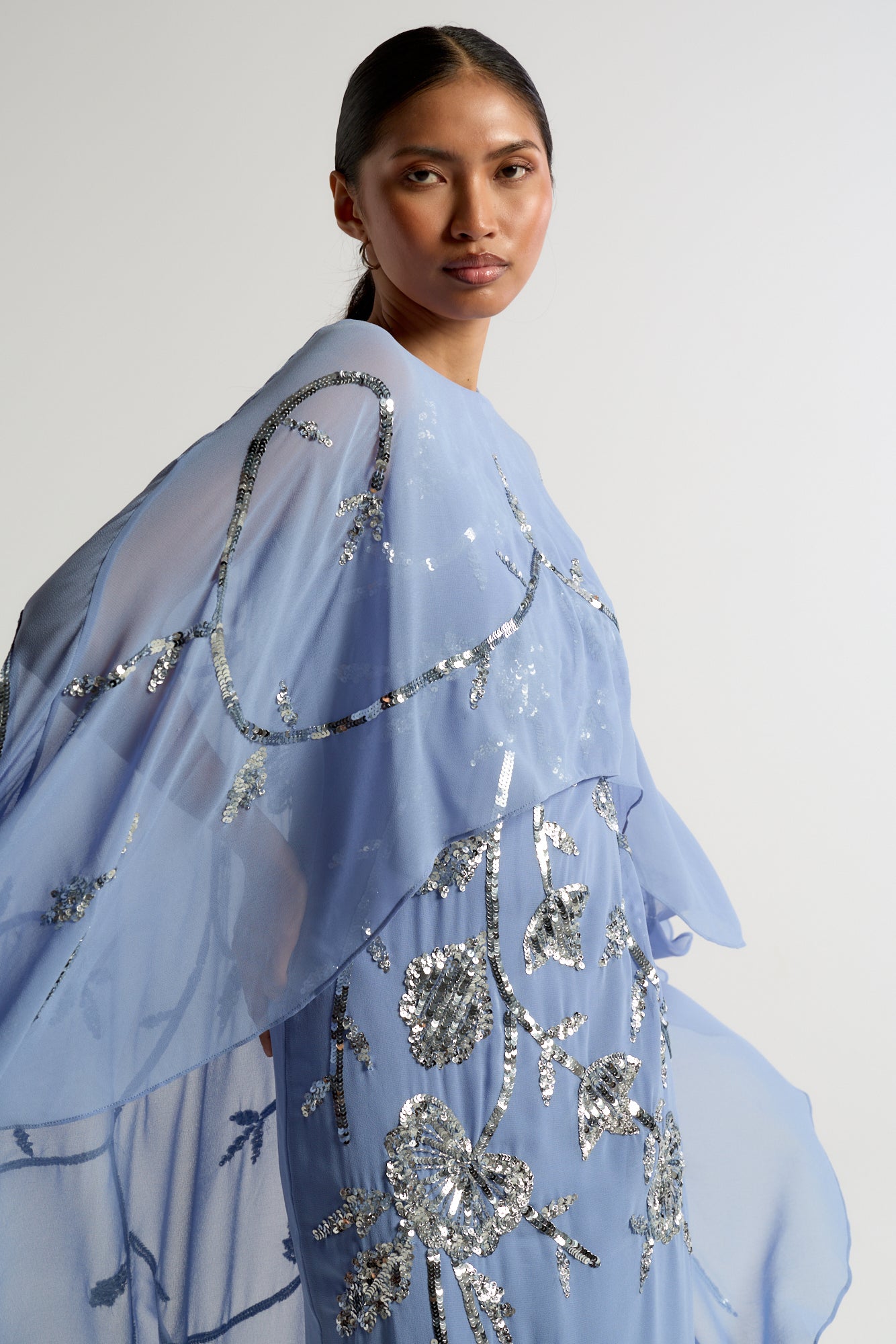 Clarissa Blue Embellished Maxi Dress with Cape Detail by Frock and Frill, floor-length cape dress for weddings and formal occasions