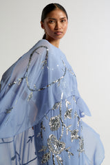 Clarissa Blue Embellished Maxi Dress with Cape Detail by Frock and Frill, floor-length cape dress for weddings and formal occasions