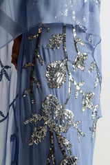 Clarissa Blue Embellished Maxi Dress with Cape Detail by Frock and Frill, floor-length cape dress for weddings and formal occasions