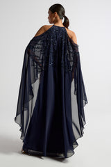 Colette Navy Embellished Cold Shoulder Maxi Dress with Cape Detail – Elegant formal evening gown suitable for bridesmaids, prom, or special occasions