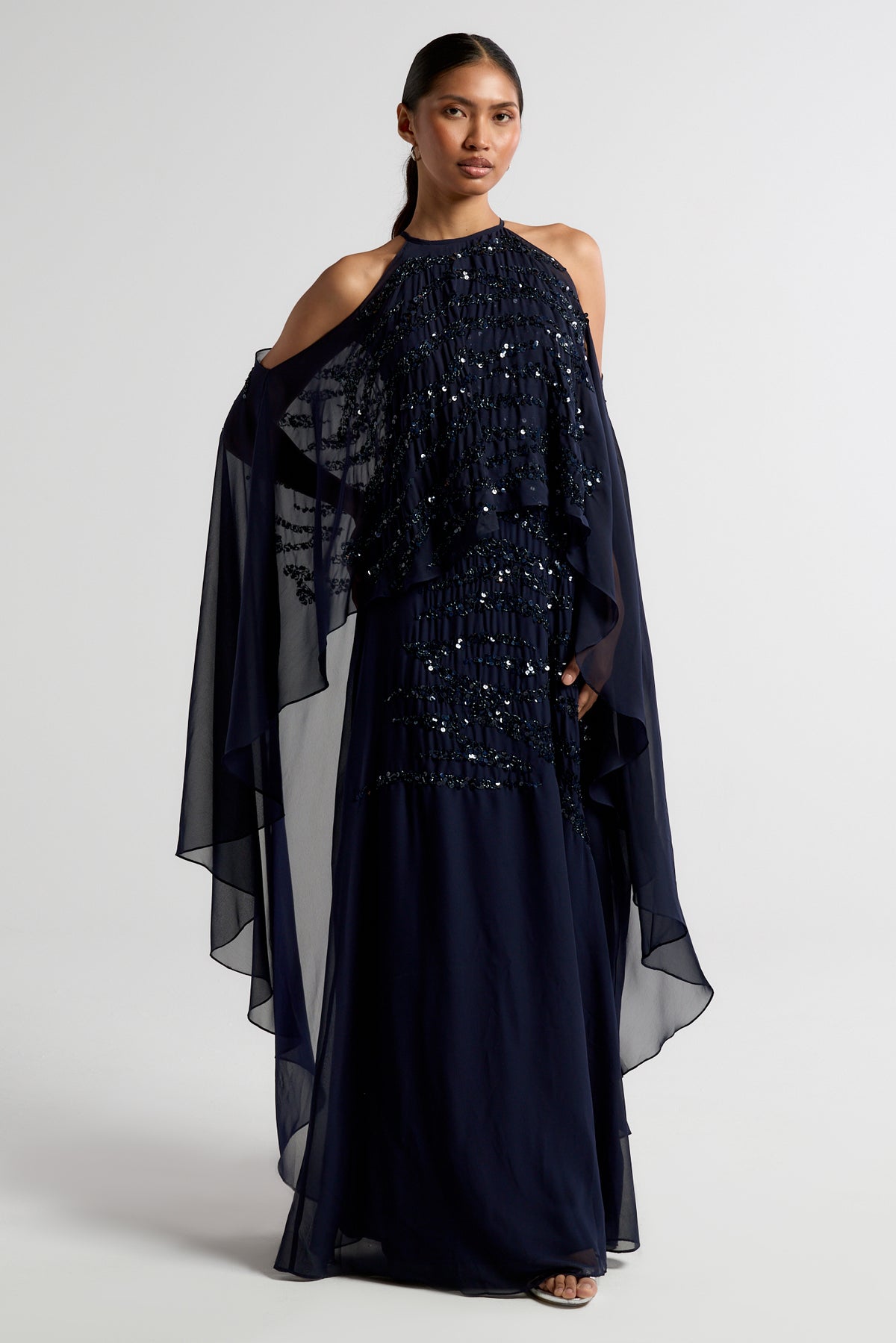 Colette Navy Embellished Cold Shoulder Maxi Dress with Cape Detail – Elegant formal evening gown suitable for bridesmaids, prom, or special occasions