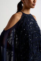 Colette Navy Embellished Cold Shoulder Maxi Dress with Cape Detail – Elegant formal evening gown suitable for bridesmaids, prom, or special occasions