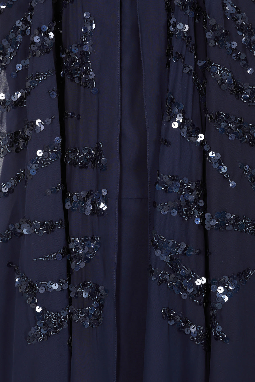 Colette Navy Embellished Cold Shoulder Maxi Dress with Cape Detail – Elegant formal evening gown suitable for bridesmaids, prom, or special occasions