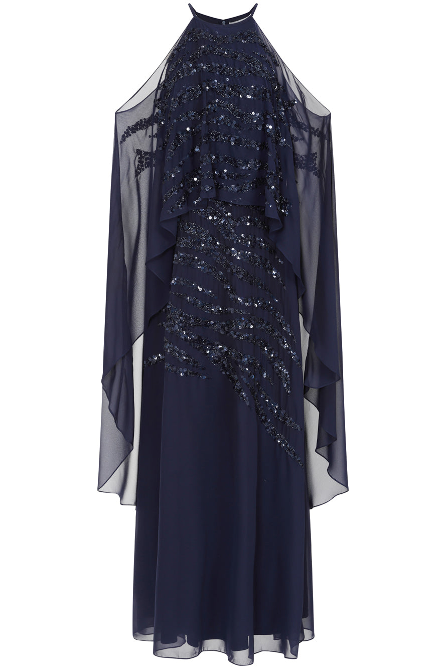 Colette Navy Embellished Cold Shoulder Maxi Dress with Cape Detail – Elegant formal evening gown suitable for bridesmaids, prom, or special occasions