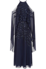 Colette Navy Embellished Cold Shoulder Maxi Dress with Cape Detail – Elegant formal evening gown suitable for bridesmaids, prom, or special occasions