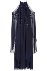 Colette Navy Embellished Cold Shoulder Maxi Dress with Cape Detail – Elegant formal evening gown suitable for bridesmaids, prom, or special occasions