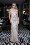 Connie White and Gold Sequin Maxi Dress