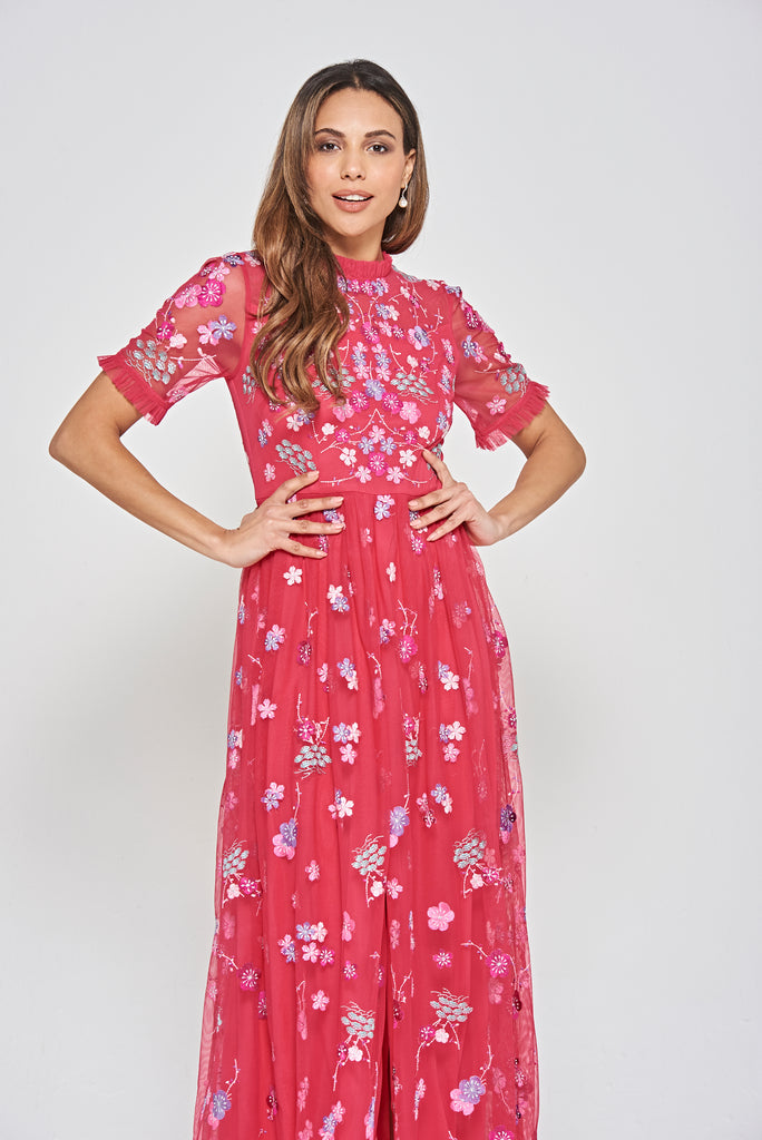 Coraline Crimson Floral Embroidered Maxi Dress – Frock and Frill Coraline Crimson Floral Embroidered Maxi Dress – Frock and Frill