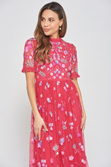 Coraline Floral Embroidered Maxi Dress - Crimson Pink