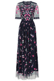 Coraline Navy Floral Embroidered Maxi Dress