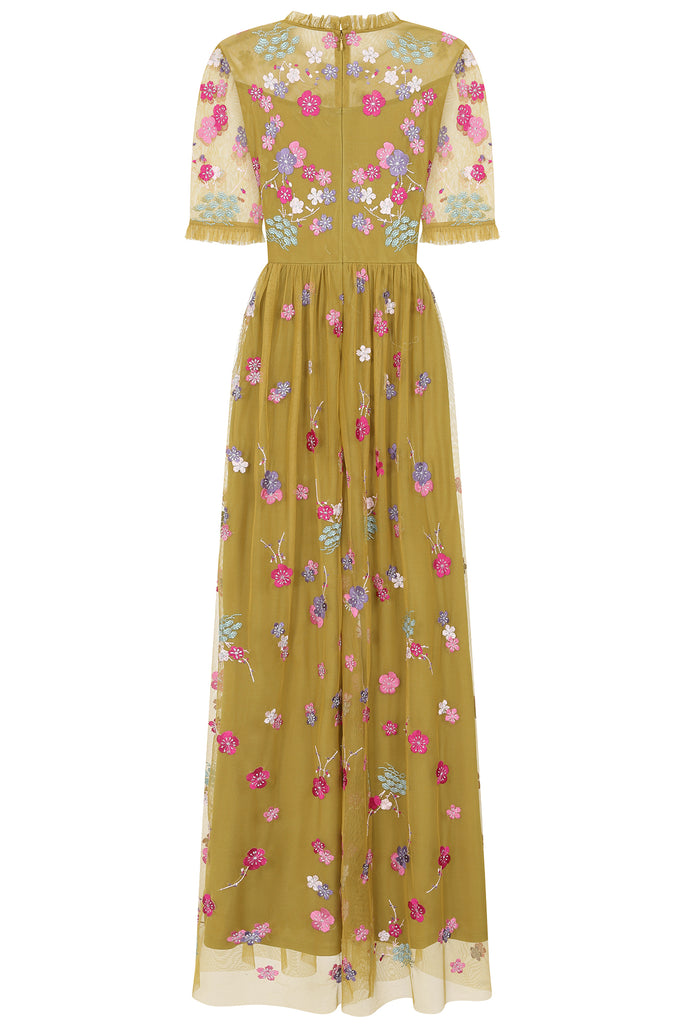 Coraline Floral Embroidered Maxi Dress - Willow Green