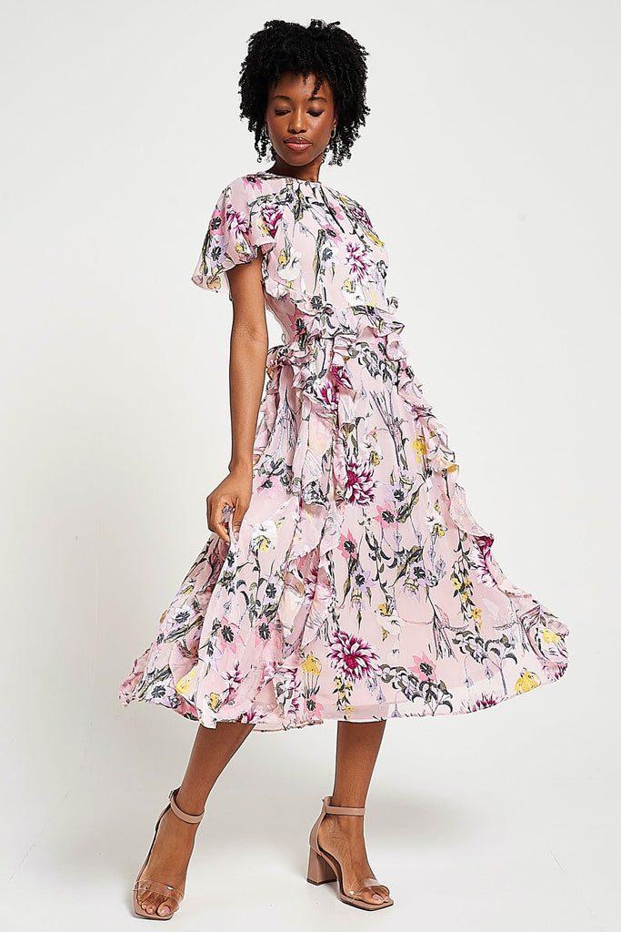 Corinna Pink Floral Print Midi Dress – Frock and Frill