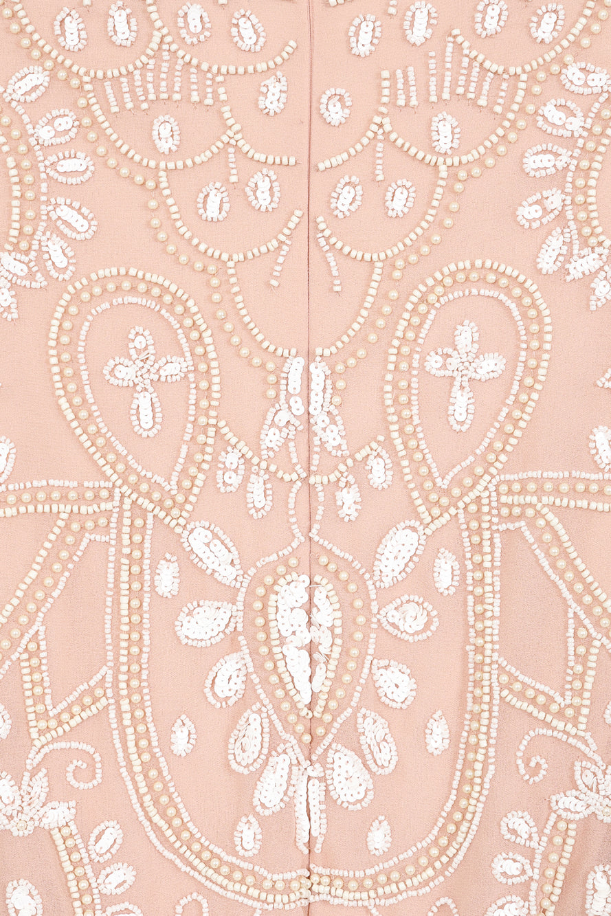 Cressida blush embellished midi dress with full-length puff sleeves and fit and flare skirt