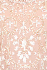 Cressida blush embellished midi dress with full-length puff sleeves and fit and flare skirt