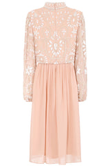 Cressida blush embellished midi dress with full-length puff sleeves and fit and flare skirt