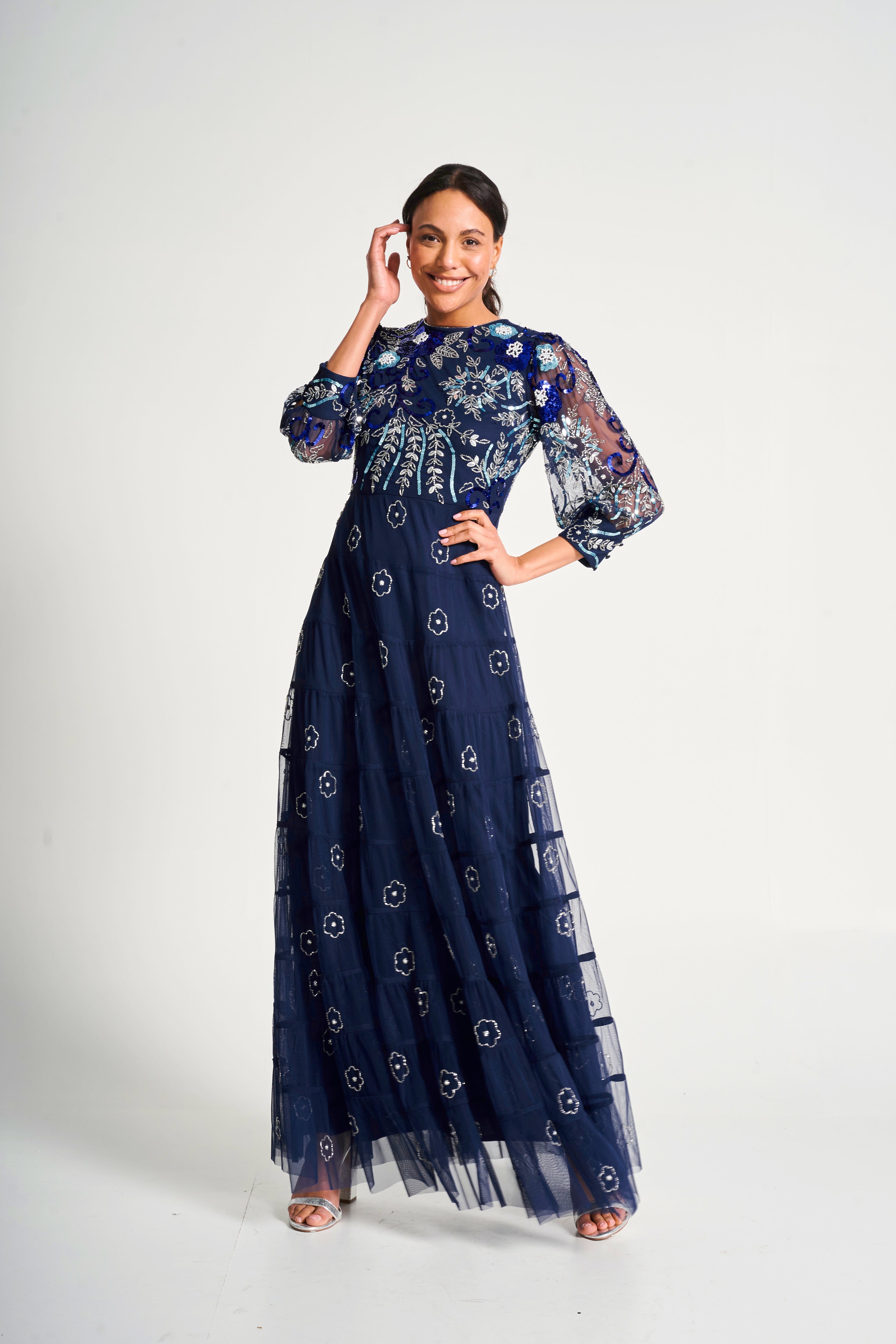 Dahlia Navy Floral Embellished Maxi Dress