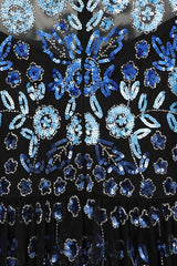 Frock and Frill Dahlia black embellished mesh midi dress with blue floral embellishment